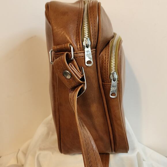 Vtg Airway Faux Leather Travel Shoulder Bag Brown Carry On Retro Luggage Korea - Picture 2 of 10
